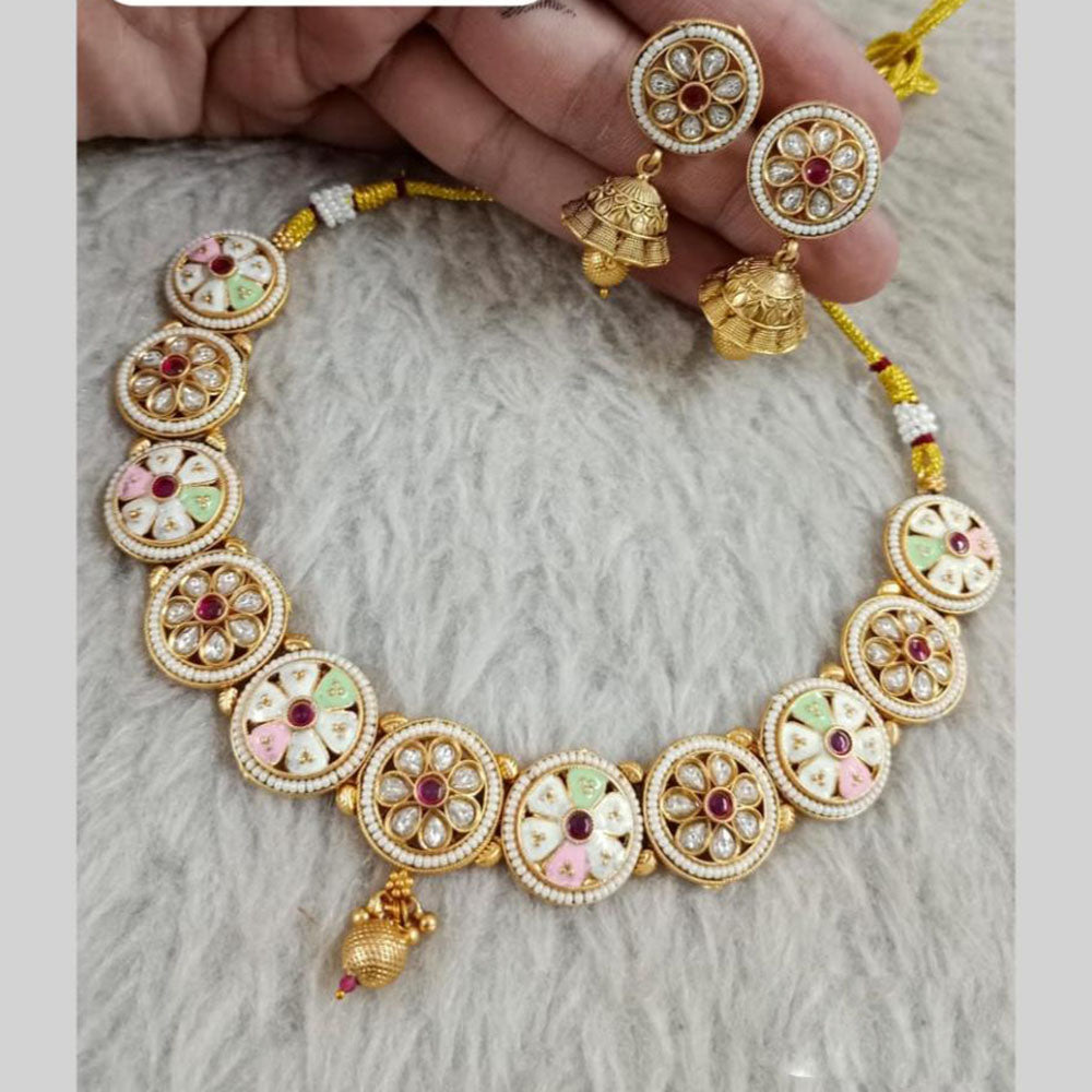 Star India Gold Plated Pota Stone And Pearl Meenakari Necklace Set