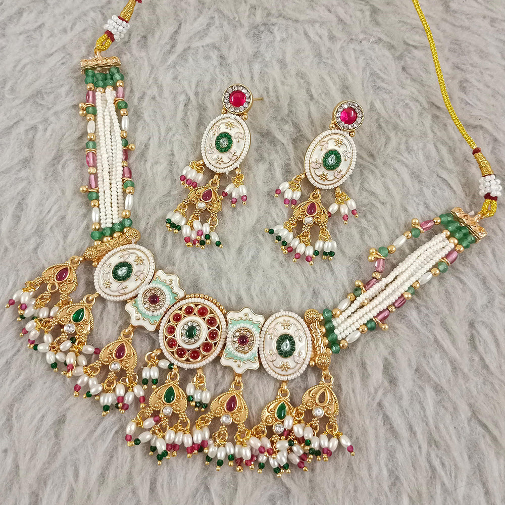 Star India Gold Plated Pota Stone And Pearl Meenakari Necklace Set