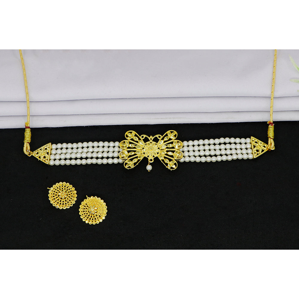 Mahavir Gold Plated Pearl Choker Necklace Set
