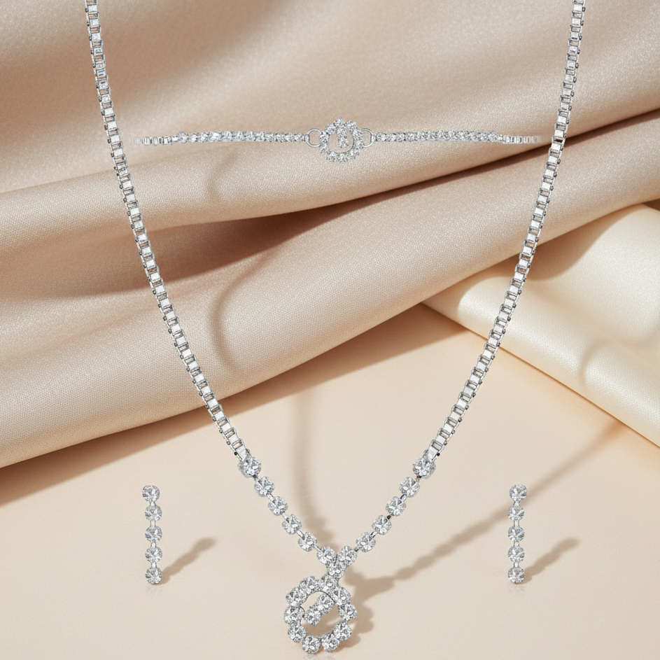 Urthn Austrian Stone Silver Plated Necklace Set With Bracelet (Pack Of 6)