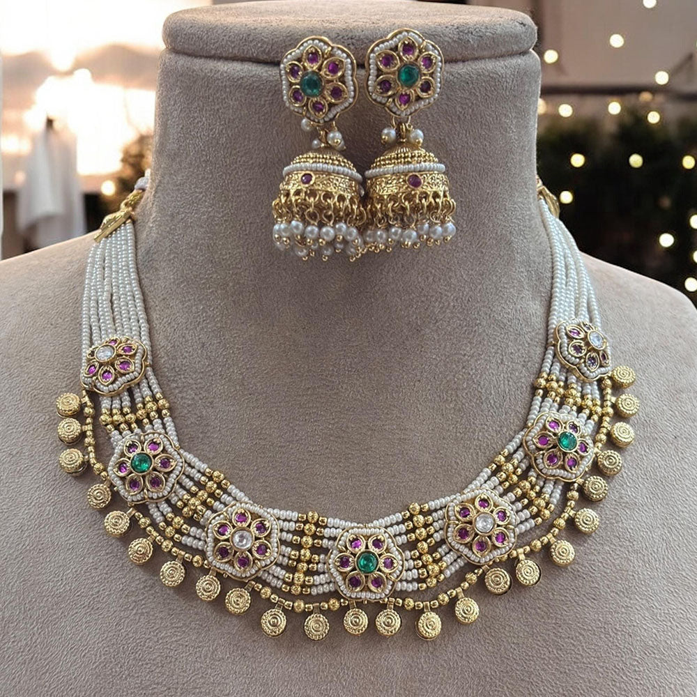 Jewel Addiction Nawabi Glam  Pota Stone  And Pearl Necklace Set