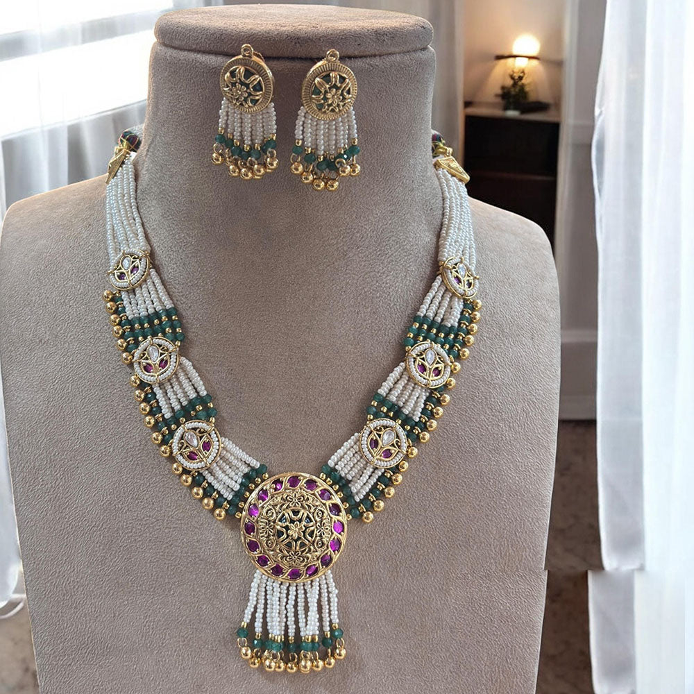 Jewel Addiction Nawabi Glam  Pota Stone  And Pearl Necklace Set