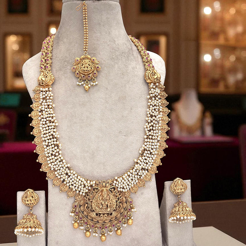 Jewel Addiction Divine Grace Gold Plated Pota Stone And Pearls Temple Long Necklace Set