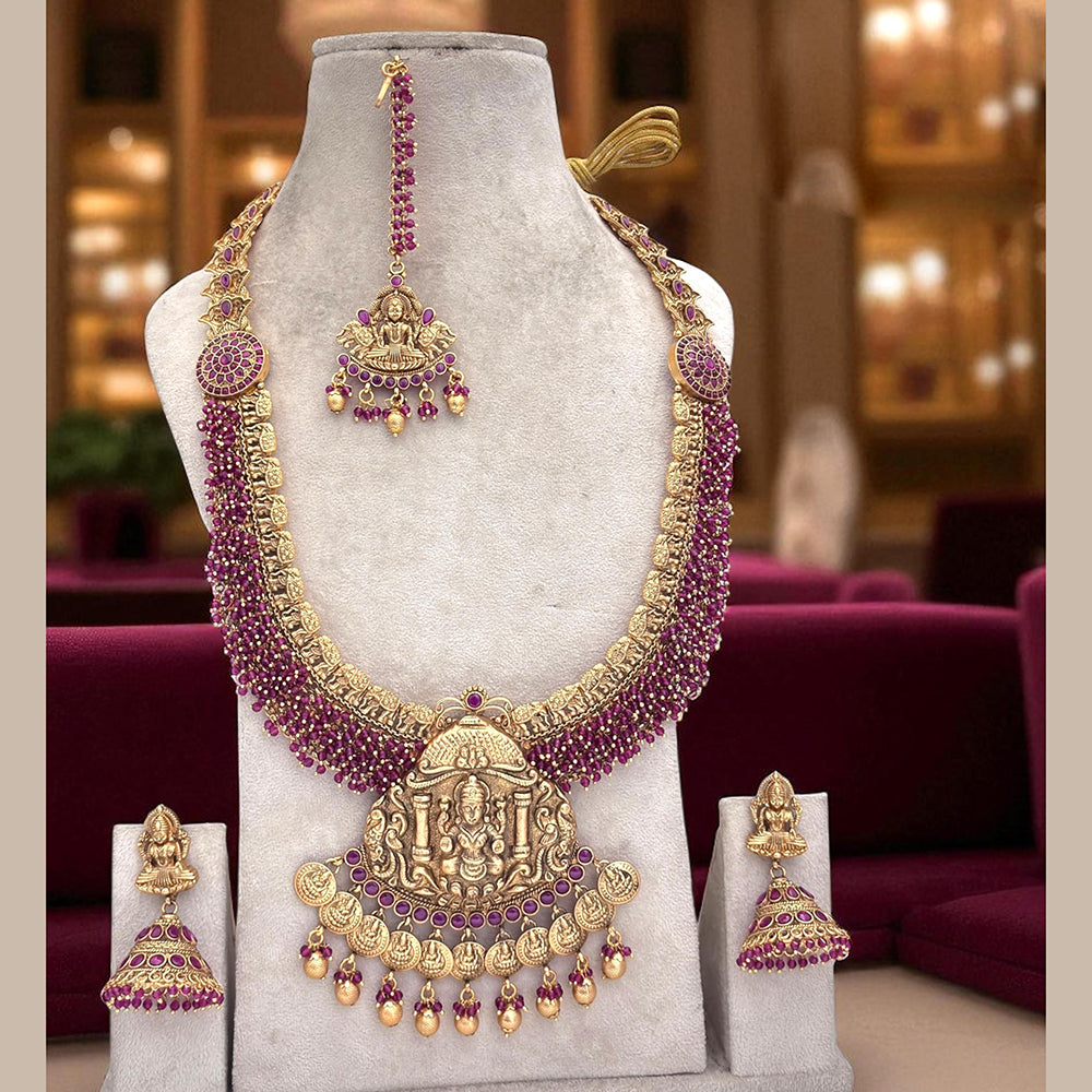 Jewel Addiction Divine Grace Gold Plated Pota Stone And Pearls Temple Long Necklace Set