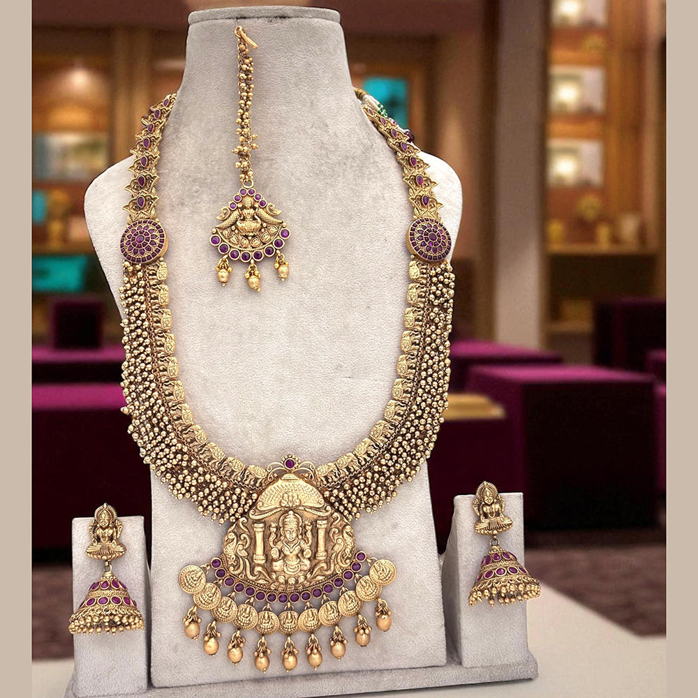 Jewel Addiction Divine Grace Gold Plated Pota Stone And Pearls Temple Long Necklace Set