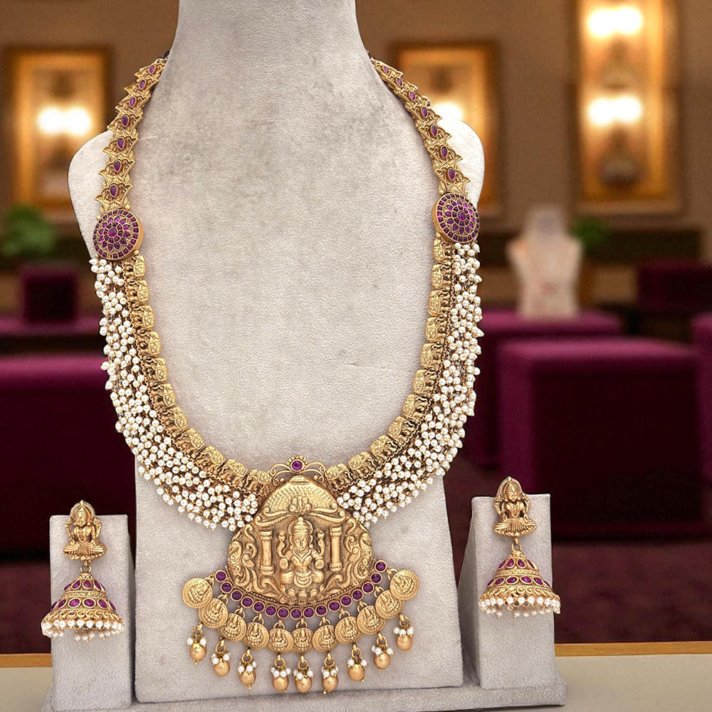 Jewel Addiction Divine Grace Gold Plated Pota Stone And Pearls Temple Long Necklace Set