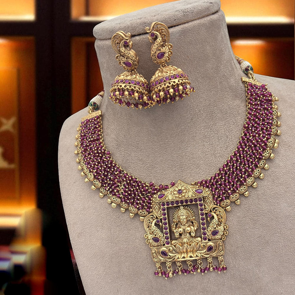 Jewel Addiction Temple Necklace Set Elegant Pota Stones with Copper Finish
