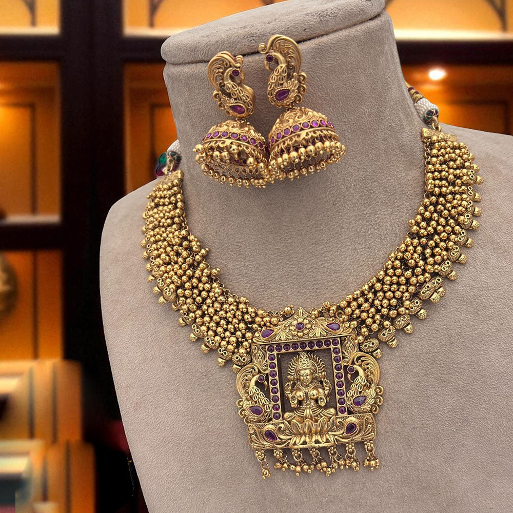 Jewel Addiction Temple Necklace Set Elegant Pota Stones with Copper Finish