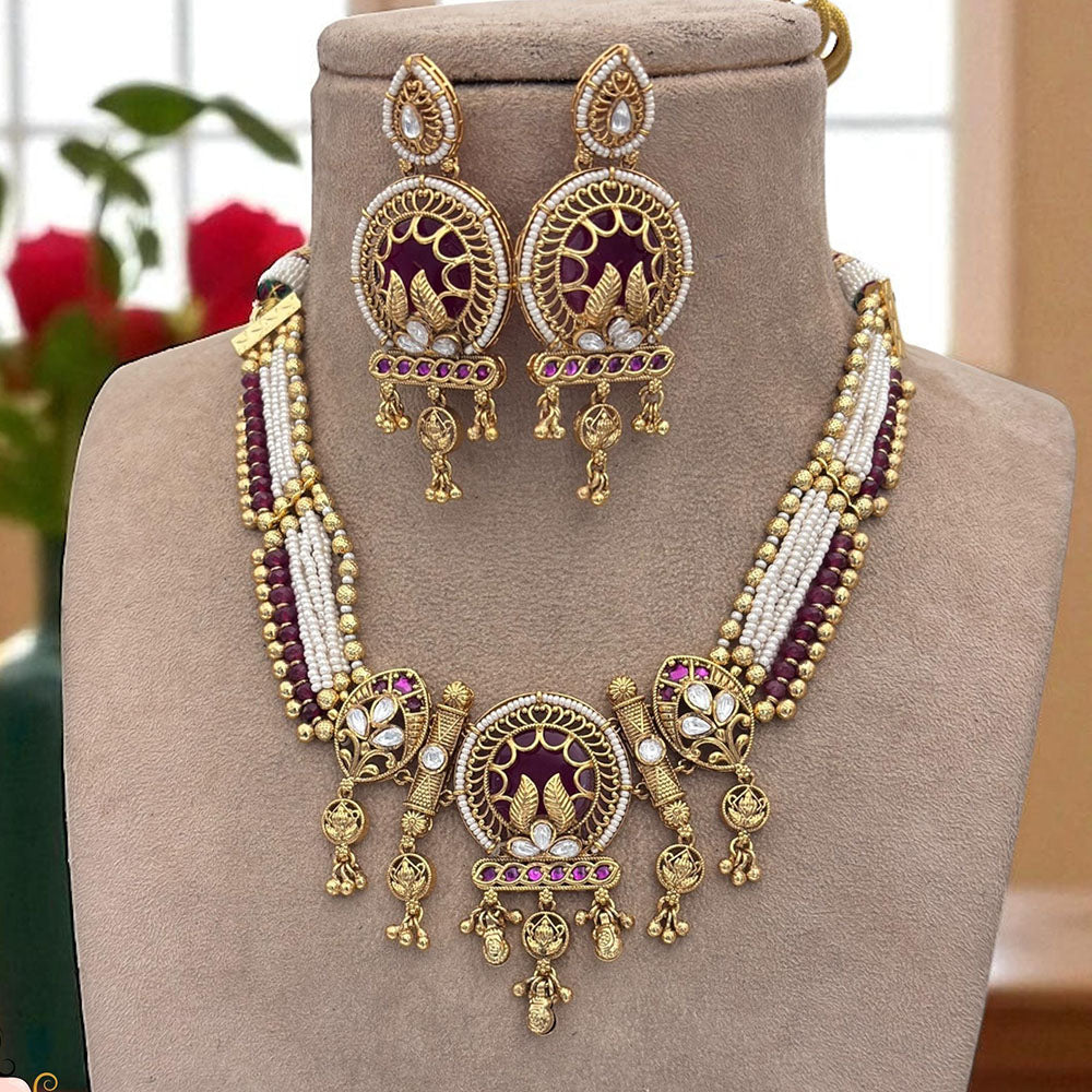 Jewel Addiction Ethnic Necklace Set Elegant Pota And Pearl  with Copper Finish