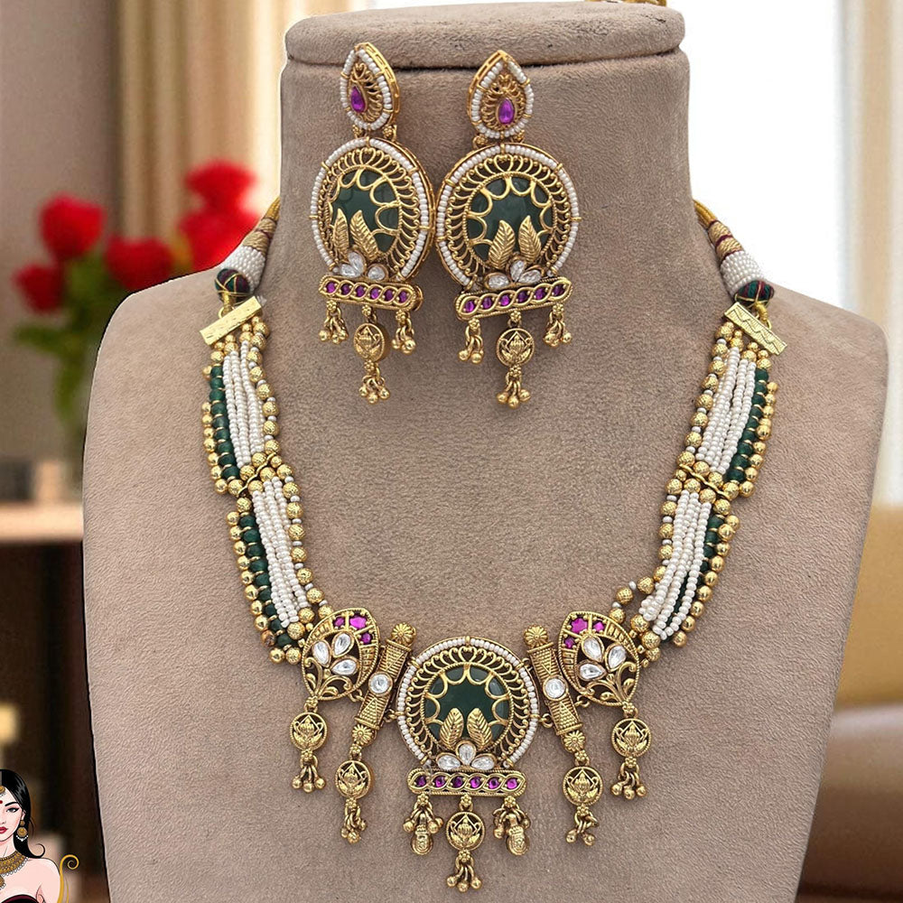 Jewel Addiction Ethnic Necklace Set Elegant Pota And Pearl  with Copper Finish