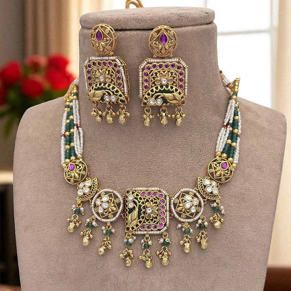 Jewel Addiction Ethnic Necklace Set Elegant Pota And Pearl  with Copper Finish