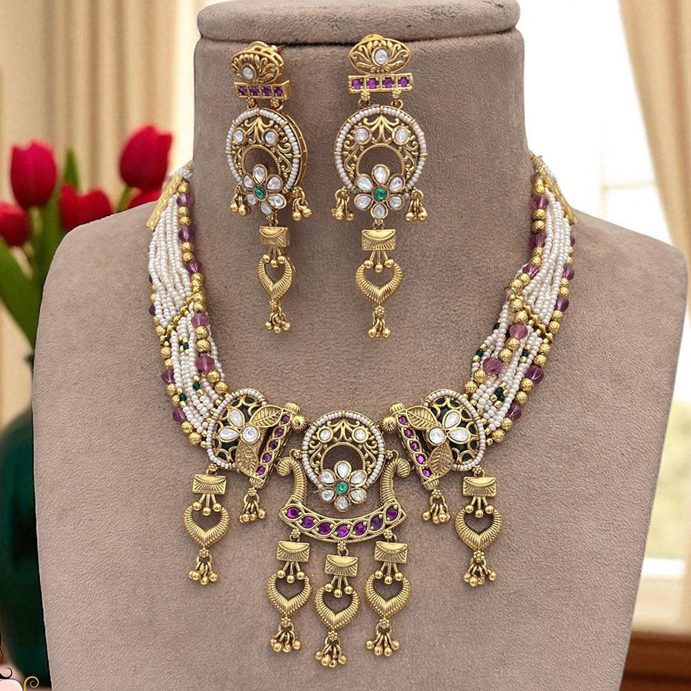Jewel Addiction Ethnic Necklace Set Elegant Pota And Pearl  with Copper Finish
