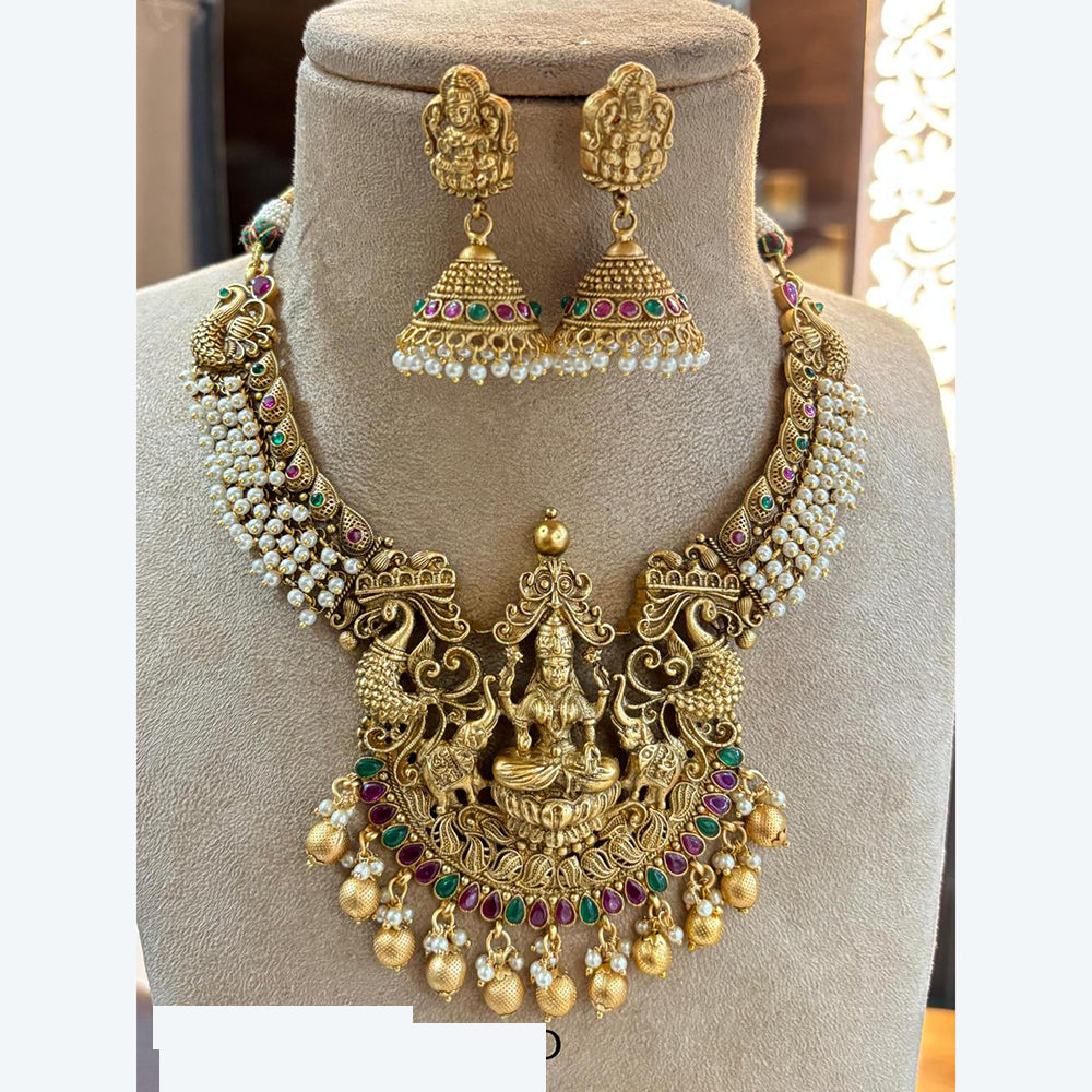 Jewel Addiction Royal Temple Necklace Set with Laxmi Design and Pota Stone for Weddings and Grand Celebrations