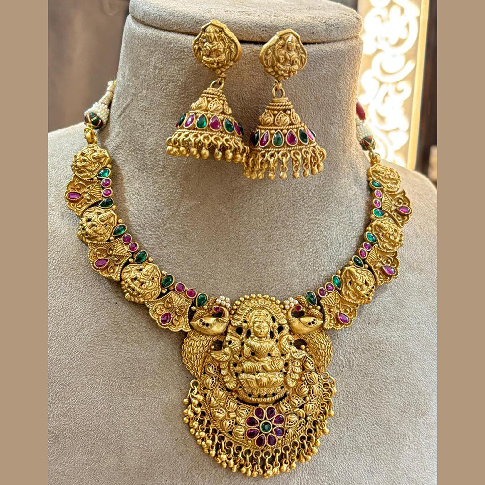Jewel Addiction Royal Temple Necklace Set with Laxmi Design and Pota Stone for Weddings and Grand Celebrations