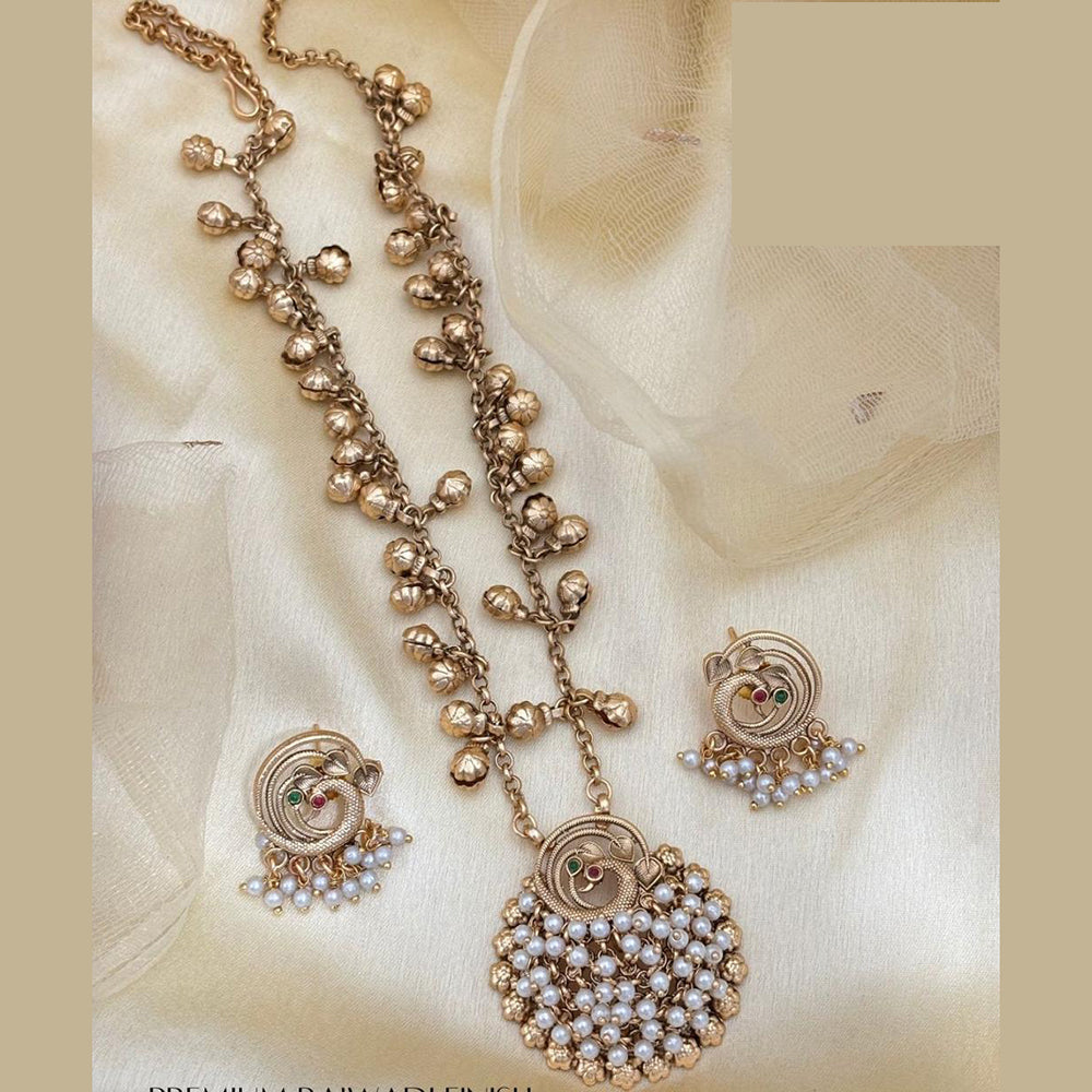 Jewel Addiction Traditional Pota Stone And Pearl Long Necklace Set With Peacock Motif