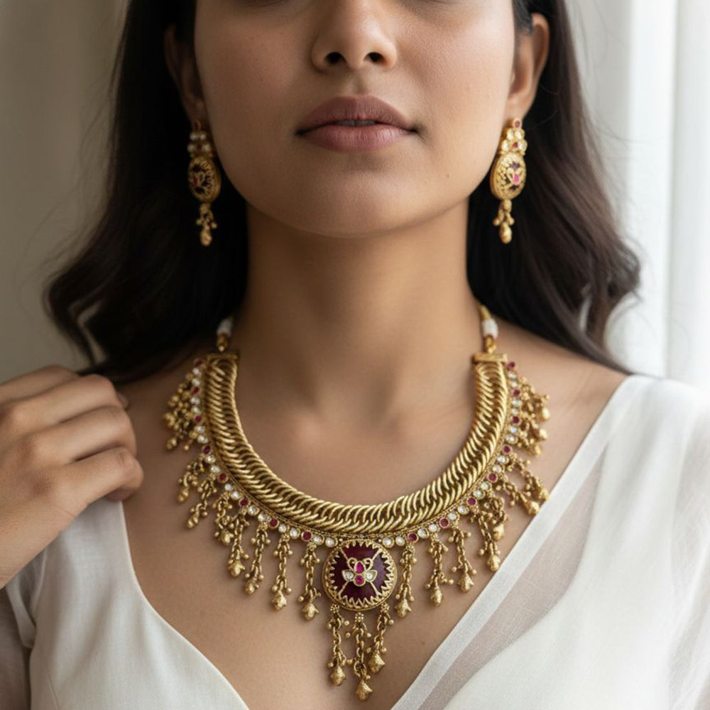 Jewel Addiction Premium Pota Stone And Pearl Necklace Set
