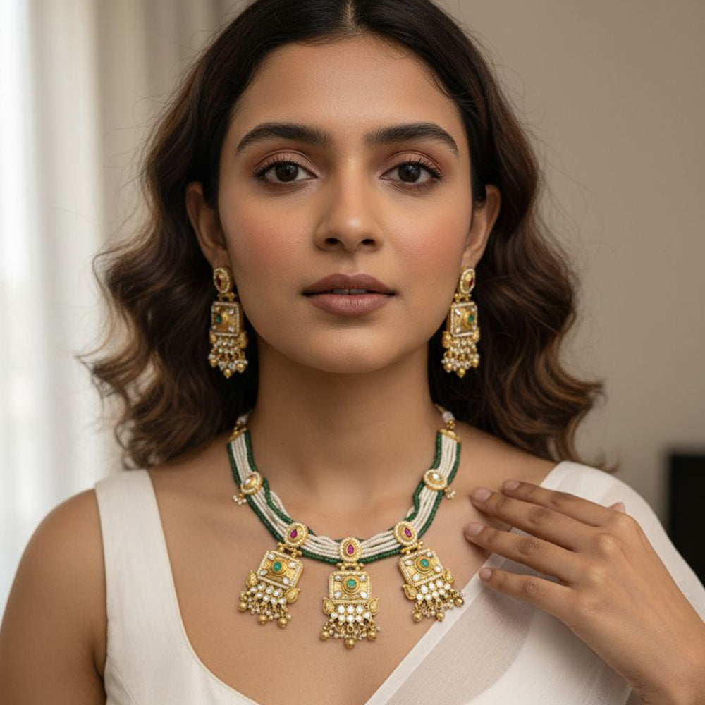 Jewel Addiction Premium Pota Stone And Pearl Necklace Set