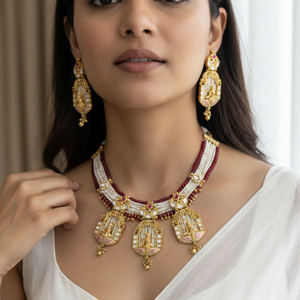 Jewel Addiction Premium Pota Stone And Pearl Necklace Set
