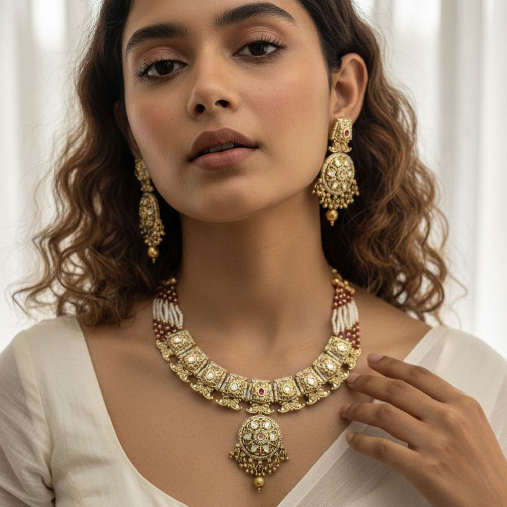 Jewel Addiction Premium Pota Stone And Pearl Necklace Set