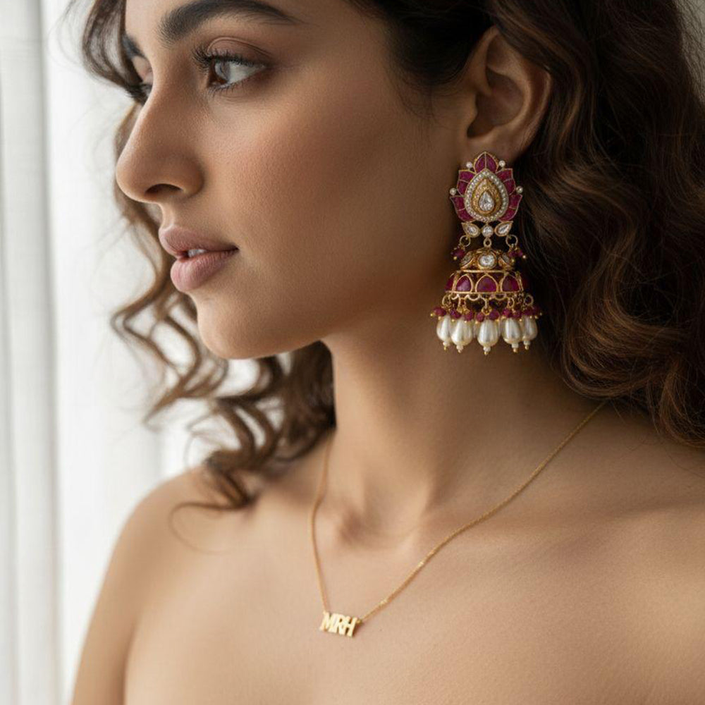 Jewel Addiction Ethnic Designer Pota Stone Beads And Pearl Jhumki Earrings