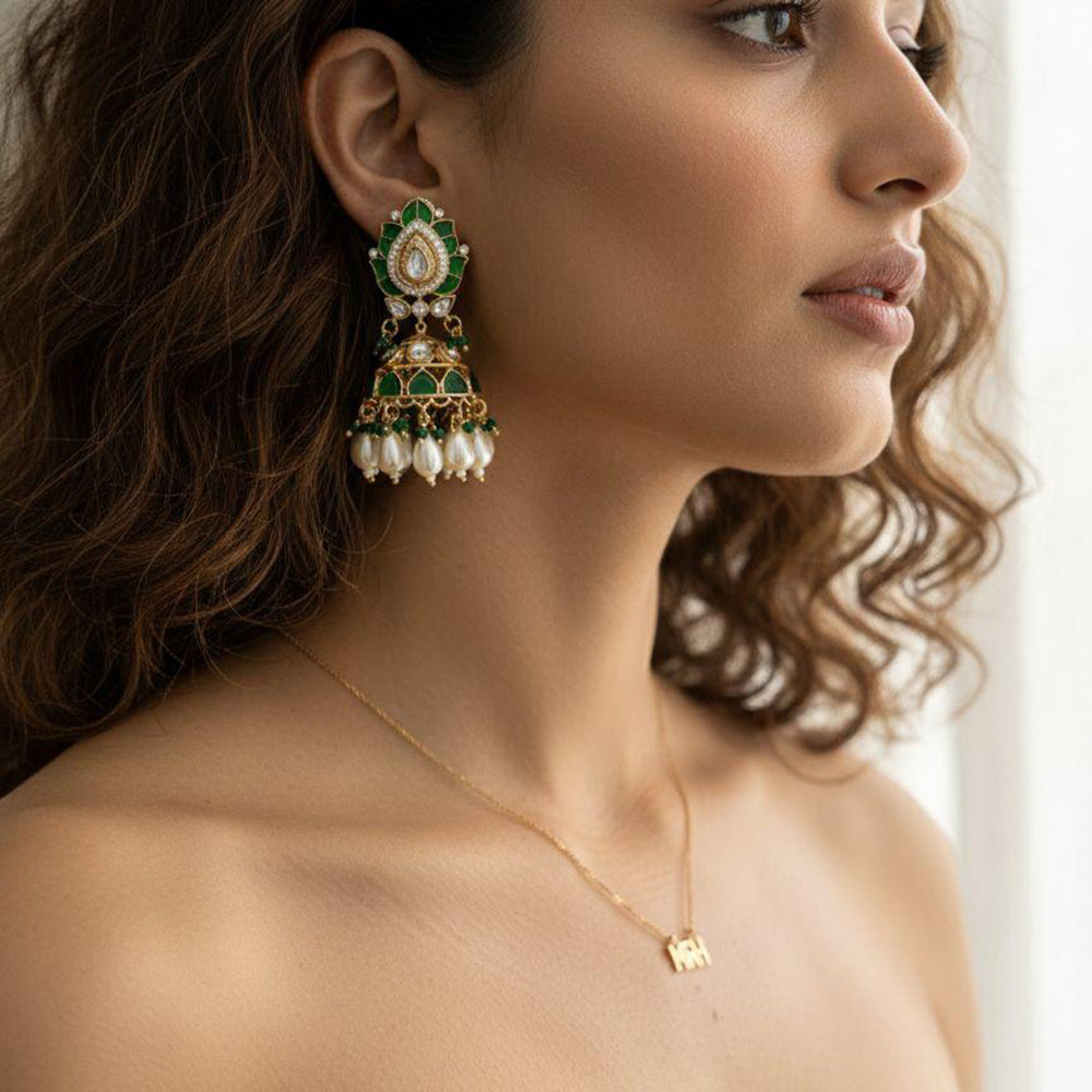 Jewel Addiction Ethnic Designer Pota Stone Beads And Pearl Jhumki Earrings