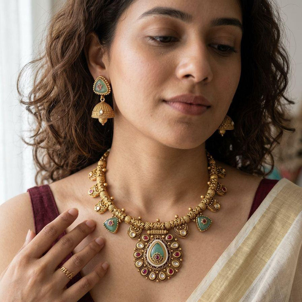 Jewel Addiction Premium Pota Stone Beads And Pearl Necklace Set