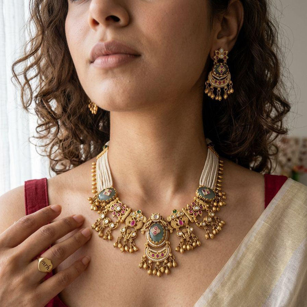 Jewel Addiction Premium Pota Stone Beads And Pearl Necklace Set