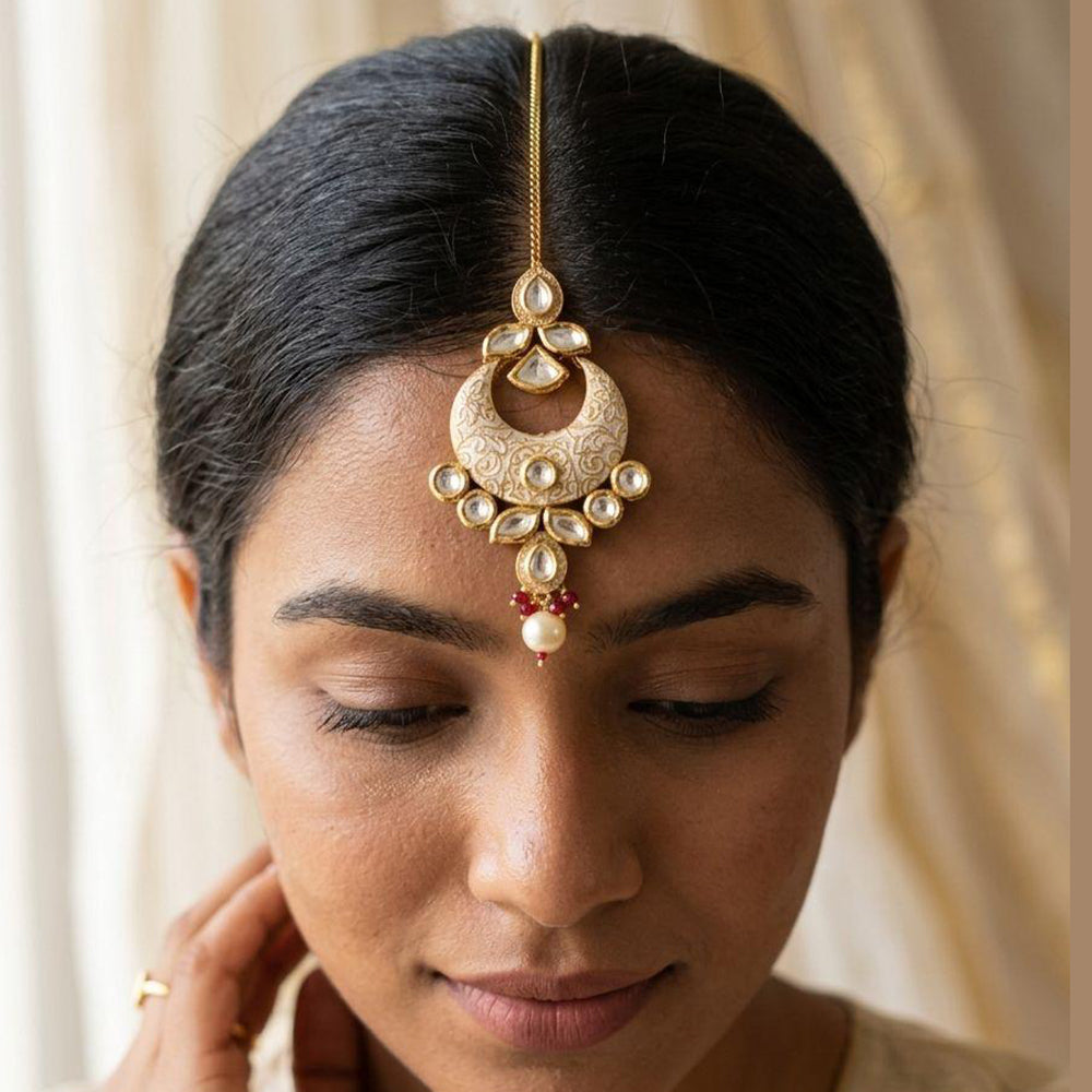 Jewel Addiction Designer Polki Kundan Stone And Pearl Maang Tikka
