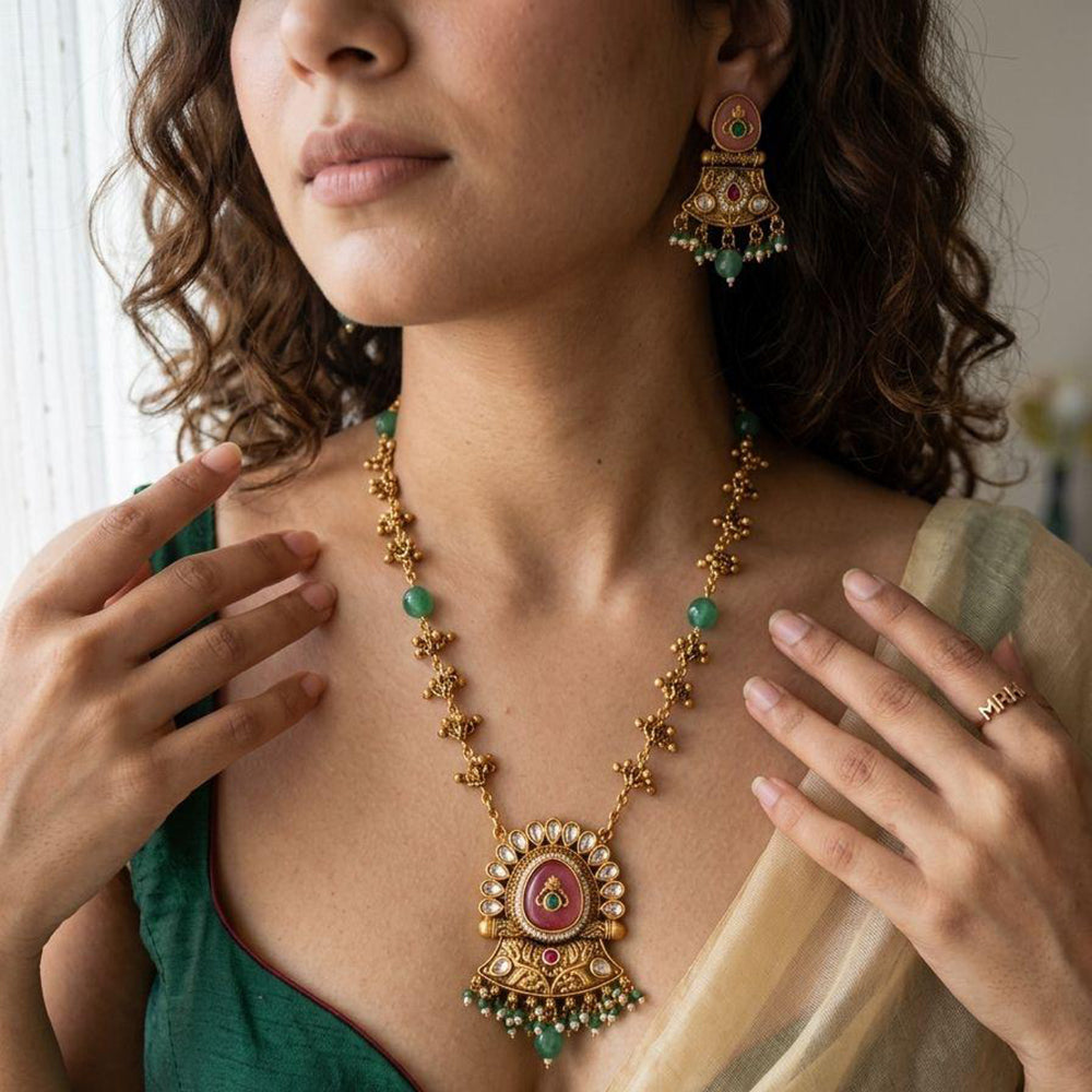 Jewel Addiction Premium Pota Stone Beads And Pearl Necklace Set