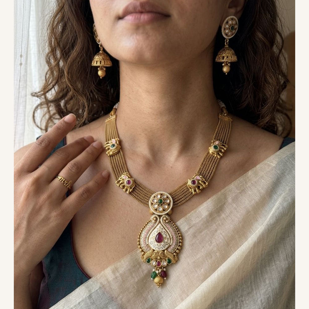 Jewel Addiction Luxury Pota Stone And Pearl Meenakari Necklace Set