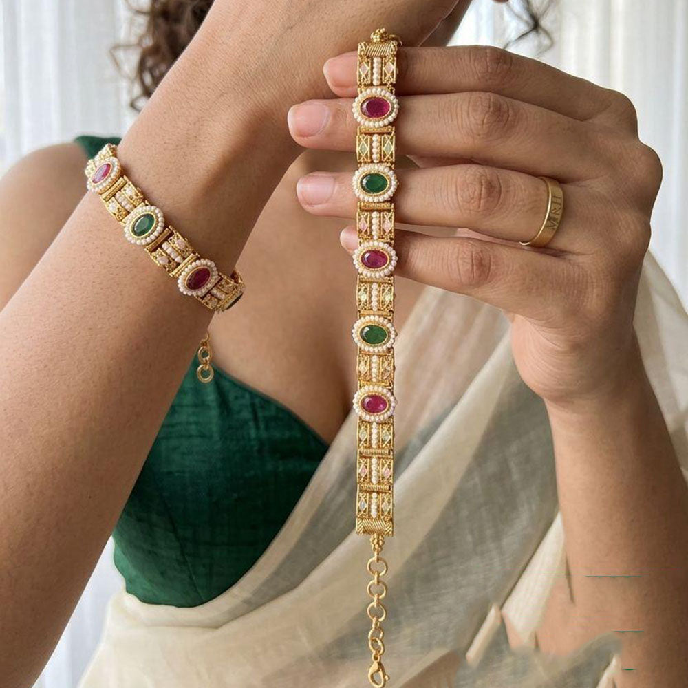 Jewel Addiction Heritage Style Pota Stone And Pearl Adjustable Bracelet