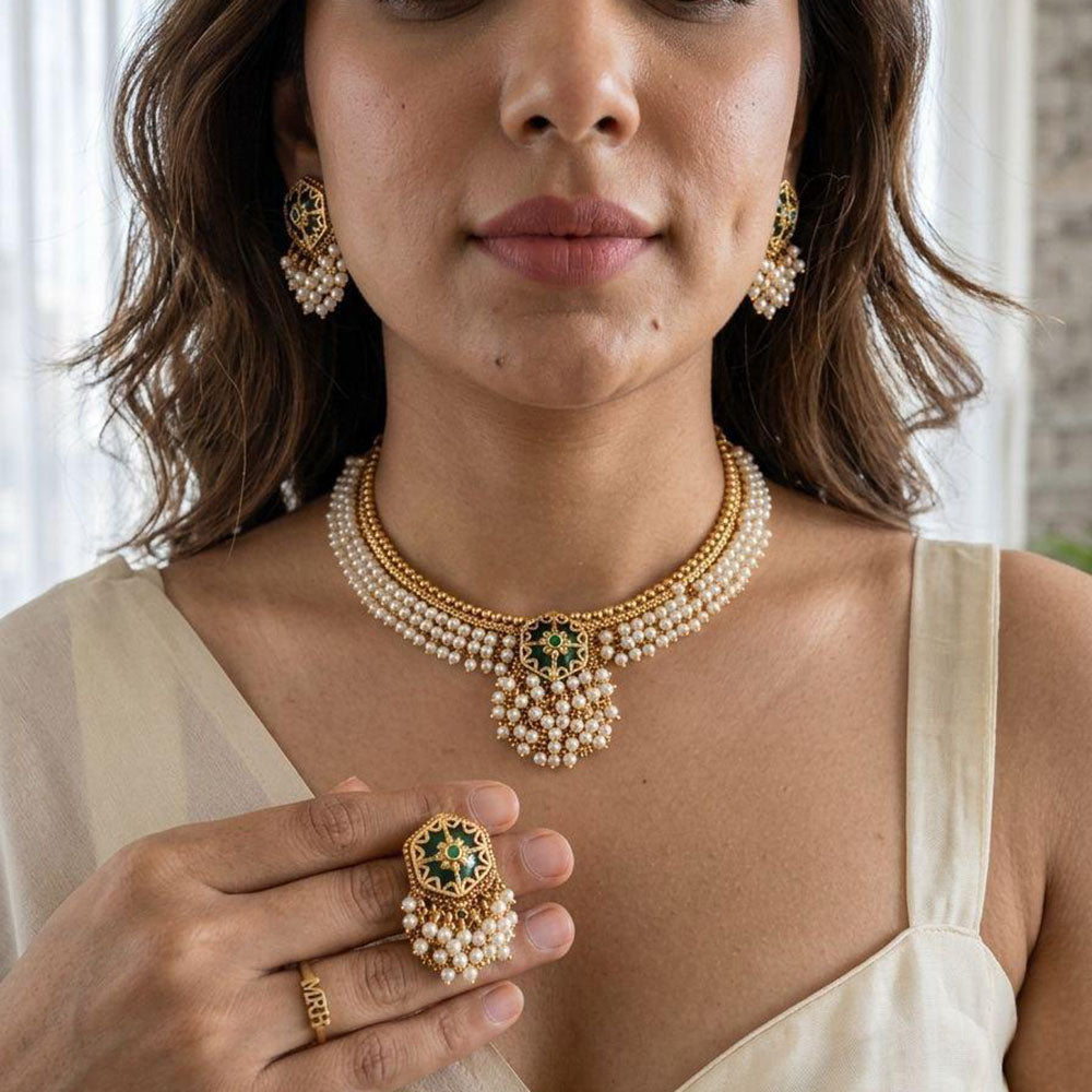 Jewel Addiction Elegance Pota Stone And Pearl Necklace Set