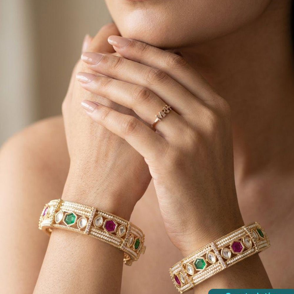 Jewel Addiction Designer Polki Kundan Stone And Pearl Openable Bangle Set