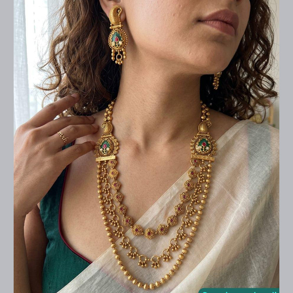 Jewel Addiction Ethnic Pota Stone And Pearl Long Necklace Set