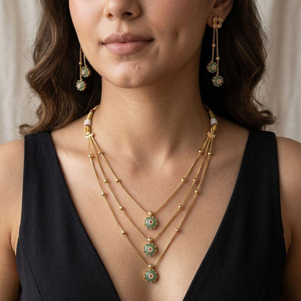 Jewel Addiction Ethnic Pota Stone And Pearl Triple Layer Necklace Set