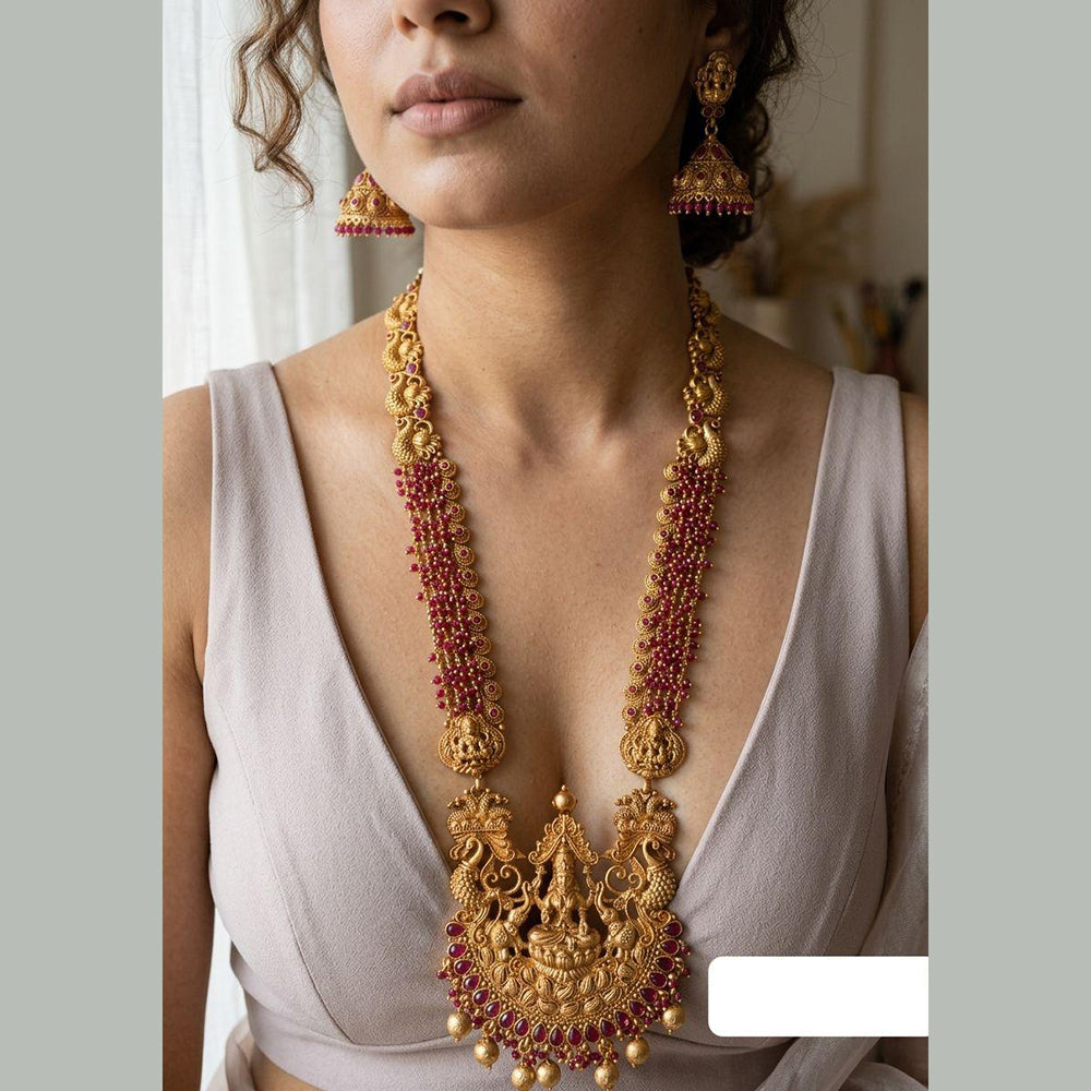 Jewel Addiction Ethnic Pota Stone And Pearl Temple Long Necklace Set