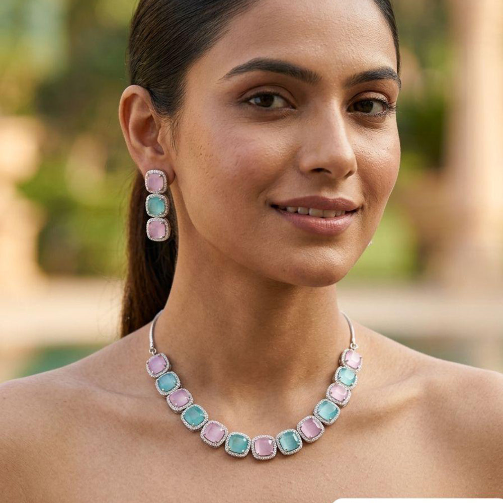 Jewel Addiction Rhodium Plated Classic American Diamond Necklace Set
