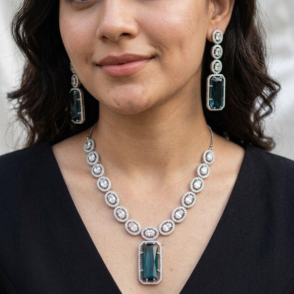 Jewel Addiction Rhodium Plated Classic American Diamond Necklace Set