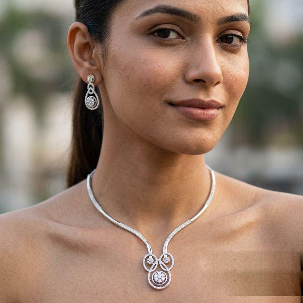 Jewel Addiction Rhodium Plated Classic American Diamond Necklace Set