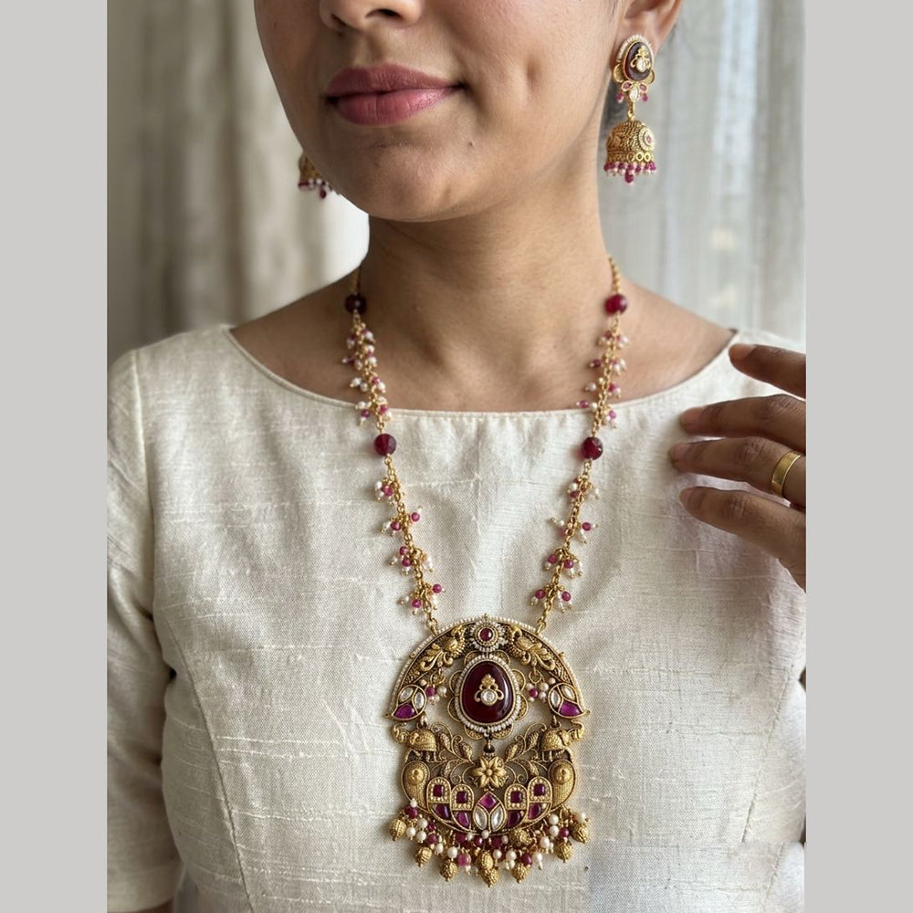Jewel Addiction Premium Pota Stone And Pearl Long Necklace Set