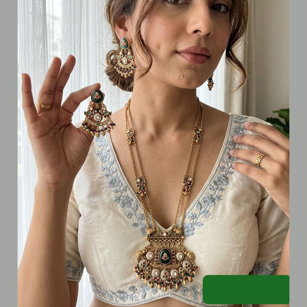 Jewel Addiction Premium Pota Stone And Pearl Long Necklace Set