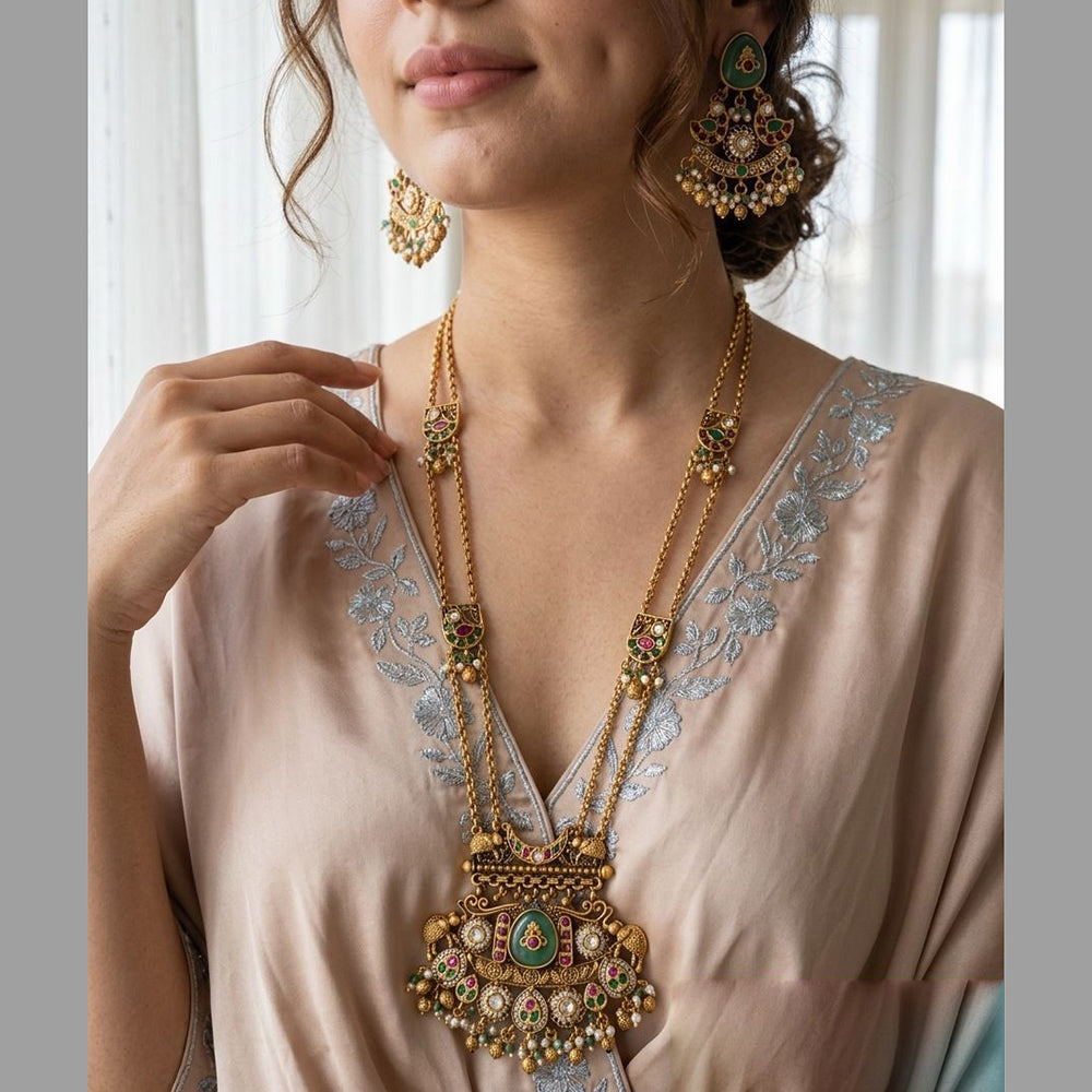 Jewel Addiction Premium Pota Stone And Pearl Long Necklace Set