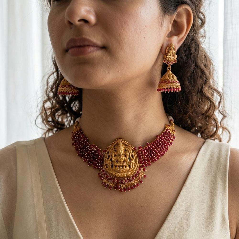 Jewel Addiction Traditional Pota Stone And Pearl Temple Choker Necklace Set