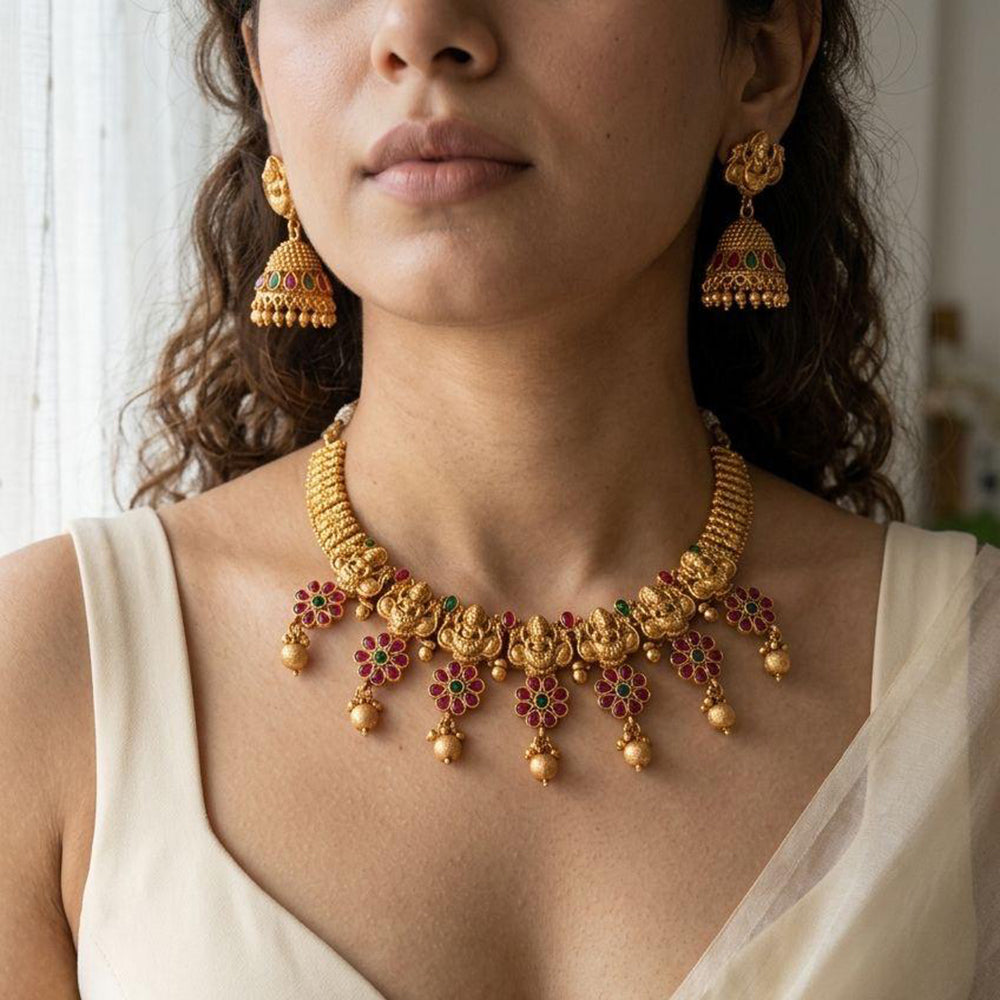 Jewel Addiction Traditional Pota Stone And Pearl Temple Choker Necklace Set