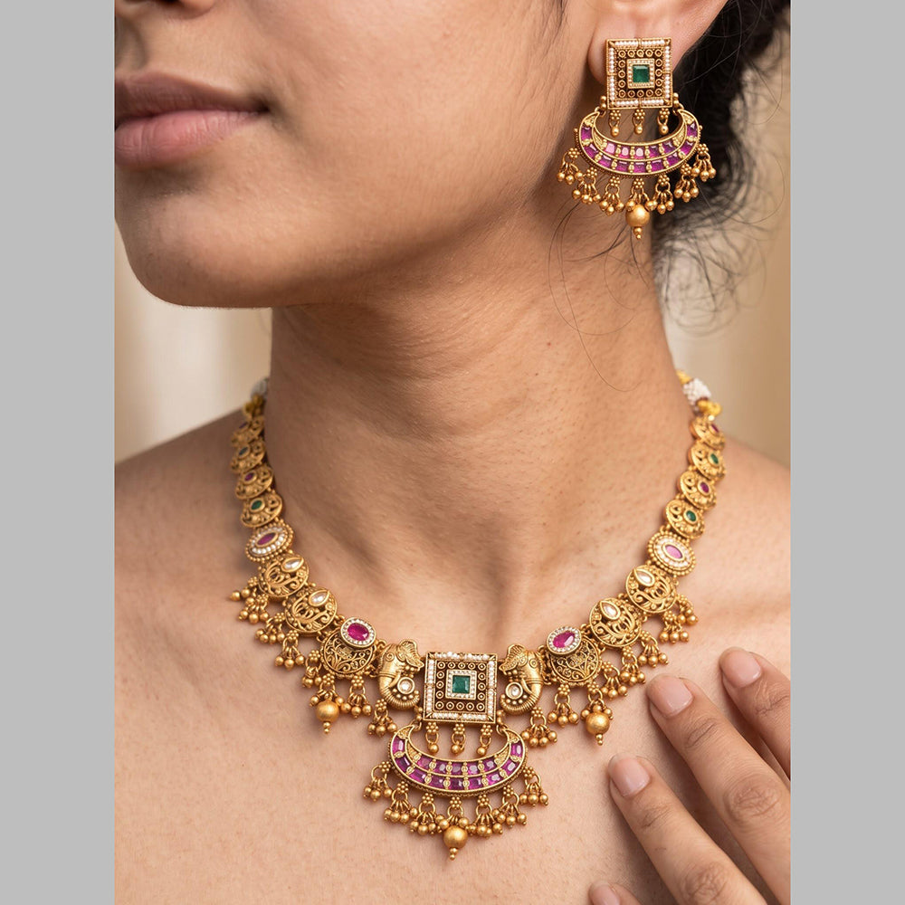 Jewel Addiction Gold Plated Traditional Pota Stone Elephant Necklace Set
