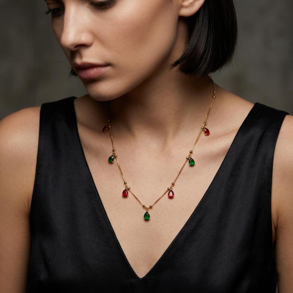 Urthn Minimal Gold Chain Necklace with Crystal Drop Charms (Set of 3)