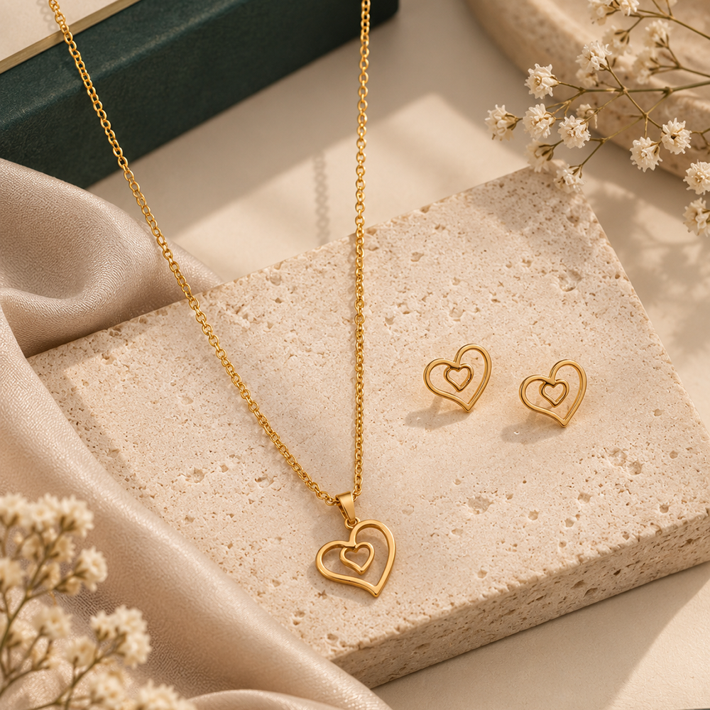 Urthn Anti Tarnish Chain Necklace with Heart Pendant & Matching Earrings for Women