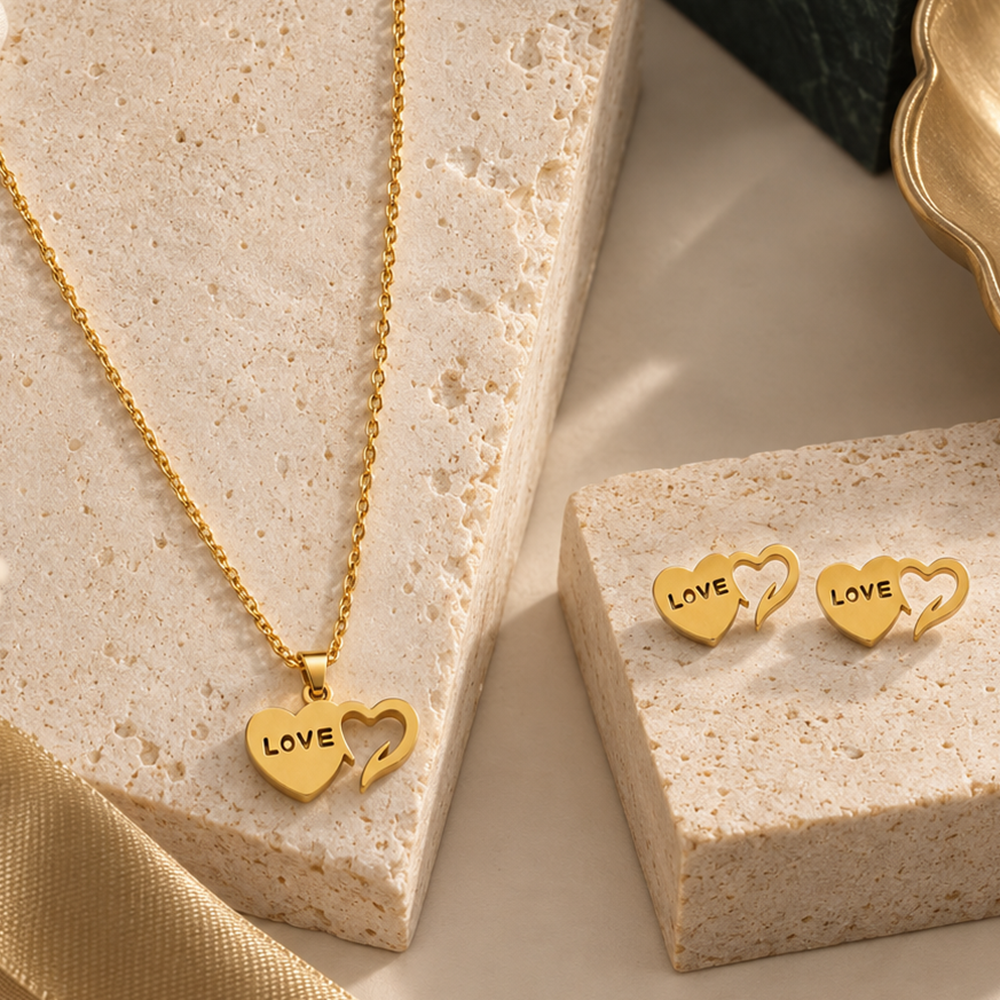 Urthn Beautiful Anti Tarnish Heart With Love Pendant Necklace with Matching Earrings for Party Wear