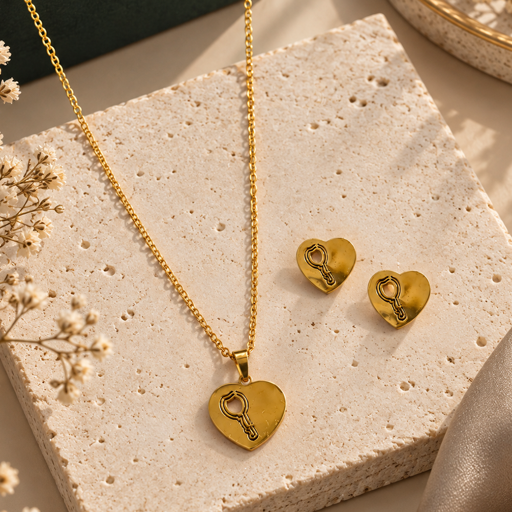 Urthn Beautiful Anti Tarnish Heart and Key Pendant Necklace with Matching Earrings for Party Wear