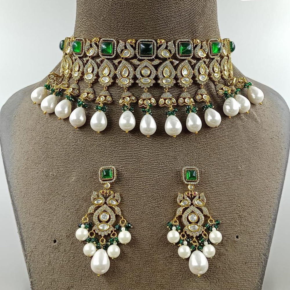 JCM Gold Plated Polki Kundan Stone And Beads Choker Necklace Set